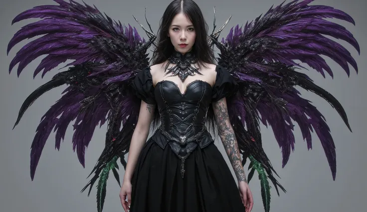 full body image of a 19-year-old young Latino woman.  athletic but slim physique . Fair skin. Her eyes are light green and、shading. long wavy black hair

She is wearing a black gothic dress with dark purple and dark red details, the sleeves are wide , with...