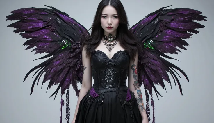 full body image of a 19-year-old young Latino woman.  athletic but slim physique . Fair skin. Her eyes are light green and、shading. long wavy black hair

She is wearing a black gothic dress with dark purple and dark red details, the sleeves are wide , with...