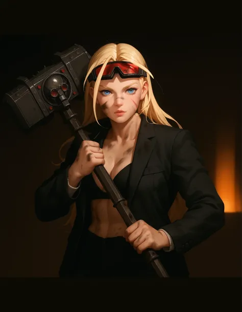 CammyBO, blue eyes, long hair, googles on head, dirty with coal, anime art