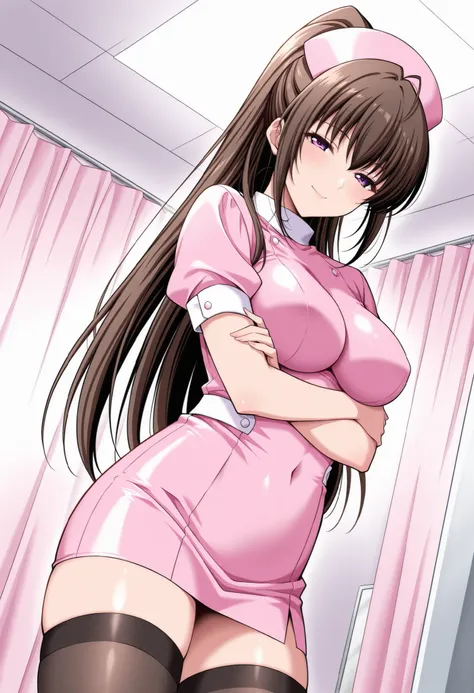 Score_9, score_8_up, score_7_up, source_anime, shirakawa kyouko, solo, brown hair, long ponytail, purple eyes, (best quality), (high quality), {masterpiece}, extremely delicate and beautiful, ultra-detailed, beautiful detailed eyes, nurse, nurse hat, pink ...