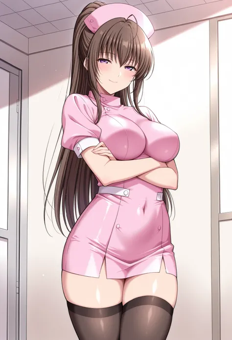 Score_9, score_8_up, score_7_up, source_anime, shirakawa kyouko, solo, brown hair, long ponytail, purple eyes, (best quality), (high quality), {masterpiece}, extremely delicate and beautiful, ultra-detailed, beautiful detailed eyes, nurse, nurse hat, pink ...