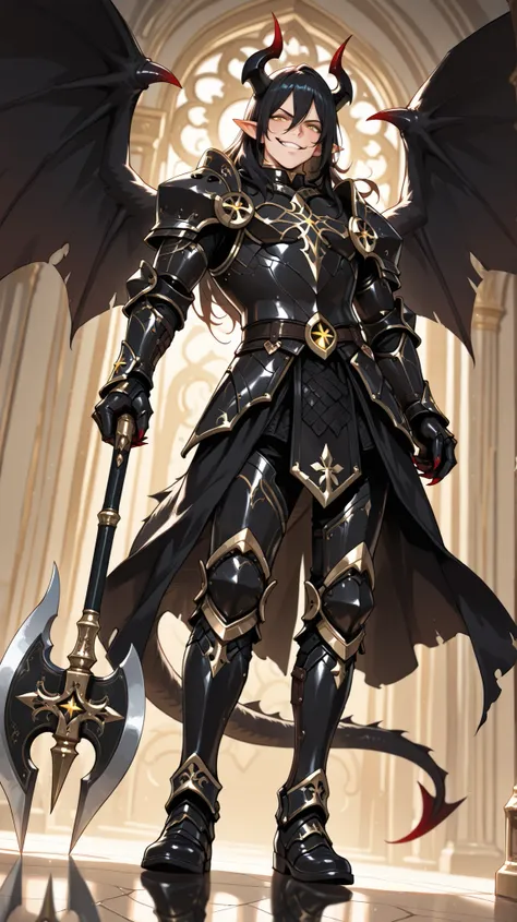 (masterpiece, best quality: 1. 4), highres, 8K, CG, (((Anime))), (1 male), lean body, ((masculine)), (floating in the air), weredragon, japanese anime style, glossy black, shiny black leather, ((beautiful golden eyes, finely detailed eyes, bright eyes, ver...