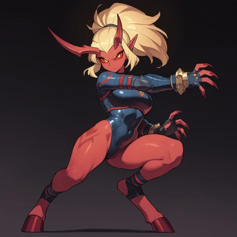 anime style, anime shading, clean lines, masterpiece, best quality, full body picture, centered, 1girl, anthro demon, long blonde hair, ponytail hairstyle, female demon, long horns, demon, demon horns, hand claws, no tail, red sclera, yellow eyes, red skin...