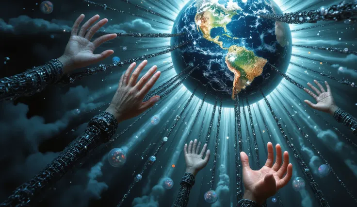 (( Gigantic and colossal hands control the world through chains, something surreal, as if they were gigantic puppets, controlling the actions of everyone, of every person on planet Earth, in a 32k quality, texture and images, in reference to great anime cr...