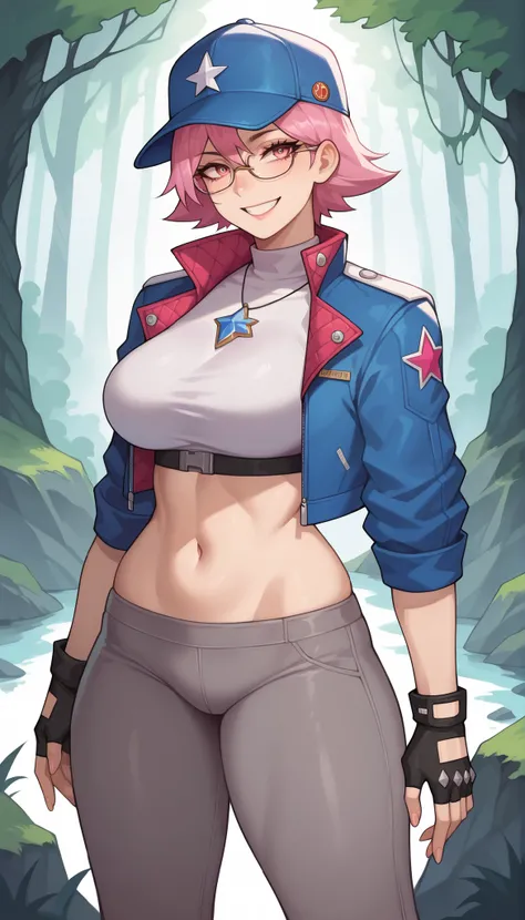 1 girl, (masterpiece), (best quality), standing, (solo), looking at viewer, high detailed,extremely detailed, fine eyes, smile,dynamic pose, short pink hair,cap,crop top, jacket,fingerless glove,curvy,forest,glasses,(gray leggings),(portrait:1.2),