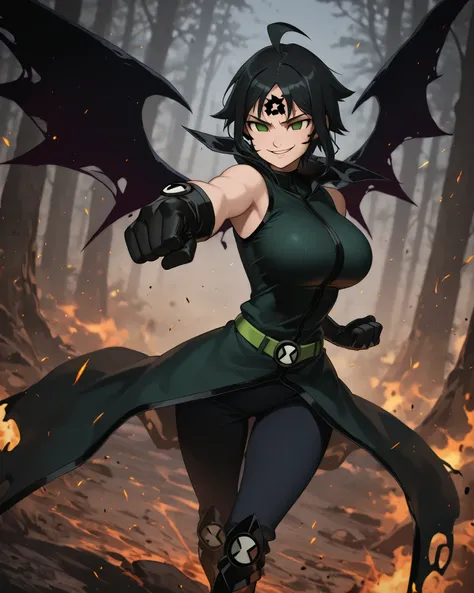 masterpiece,best quality,very aesthetic,
5 fingers,finger detailing,
forest,
empty eyes,solo,1girl,female focus,green eyes,facial mark,forehead mark,ahoge,black hair,wings, matter wings,
dark wings, dark matter wings, 
Commander uniform,black star (symbol)...