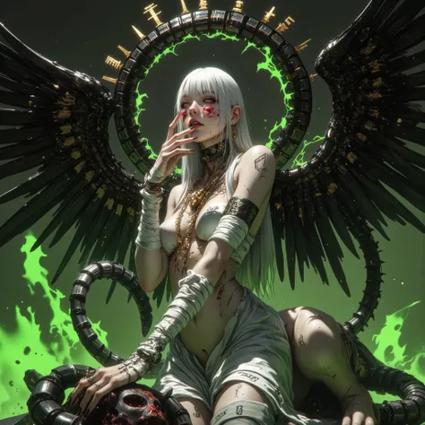 An ancient undead sphinx that has gold specked black feathered wings, a beautiful slender woman's torso on a monstrous body of a feline predator from the waist down with white fur and paws. Her long, straight white hair cascades over her delicate alabaster...