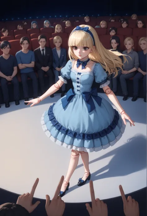(masterpiece, best quality, newest, absurdres), doll joints, 1girl, strings, run-down theater, long blonde hair, blunt bangs, black eyes, blue frilly dress, dancing, close-up perspective shot from above, blue bow headband, strings attached to limbs