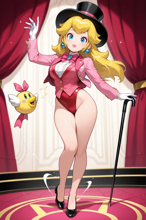 masterpiece, amazing quality, best quality, princess peach, 1girl, solo, smile, , scrunchie, blue eyes, blonde hair, hair down, breasts, tap dancing cute, wearing a pink sparkling tuxedo jacket, white undershirt, pink vest, pink bow tie, red short leotard ...