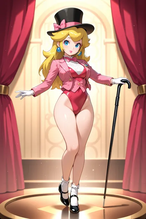 masterpiece, amazing quality, best quality, princess peach, 1girl, solo, smile, , scrunchie, blue eyes, blonde hair, hair down, breasts, tap dancing cute, wearing a pink sparkling tuxedo jacket, white undershirt, pink vest, pink bow tie, red short leotard ...
