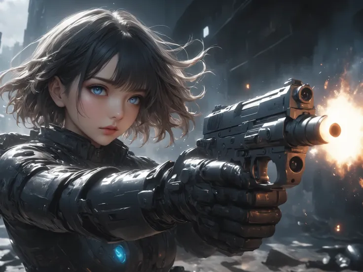 anime style, cinematic angle, black short-haired intelligent woman\persuit style\), cold eyes,icy emotionless expression, shooting directly at the viewer with two handguns, muzzle flash and flying bullet shells, strong rim lighting,epic light, dramatic sha...