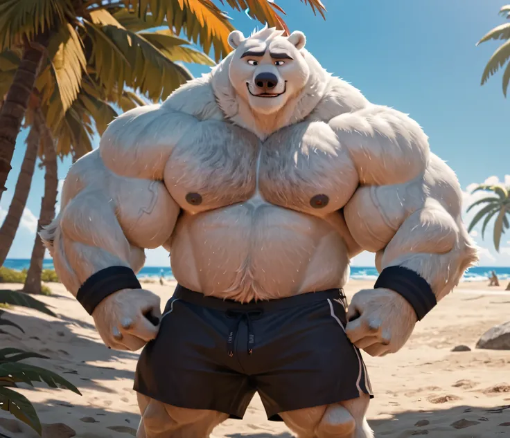 huge muscular polar bear in beach, big hulking flex, grunting smirk, polar bear, huge white fur, thick arm, huge arm, added thick gray mustache with beard, short white hair, (veiny muscular, broad pectoral, wide pectoral, thick arms, thick neck), beach, pa...