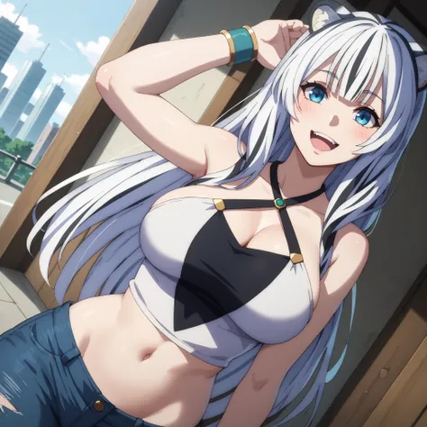 atla, 25 years, Her long hair, white with black stripes like the fur of a white tiger, white tiger ears, blue eyes, light blue backless halter shirt with openings in the front, jeans, broken leg garments, accessories, looking at the spectator hands behin...