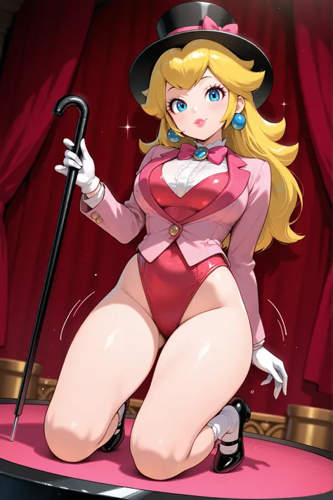 masterpiece, amazing quality, best quality, princess peach, 1girl, solo, smile, , scrunchie, blue eyes, blonde hair, hair down, breasts, tap dancing cute, wearing a pink sparkling tuxedo jacket, white undershirt, pink vest, pink bow tie, red short leotard ...