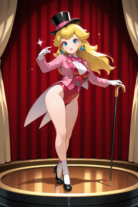 masterpiece, amazing quality, best quality, princess peach, 1girl, solo, smile, , scrunchie, blue eyes, blonde hair, hair down, breasts, tap dancing cute, wearing a pink sparkling tuxedo jacket, white undershirt, pink vest, pink bow tie, red short leotard ...