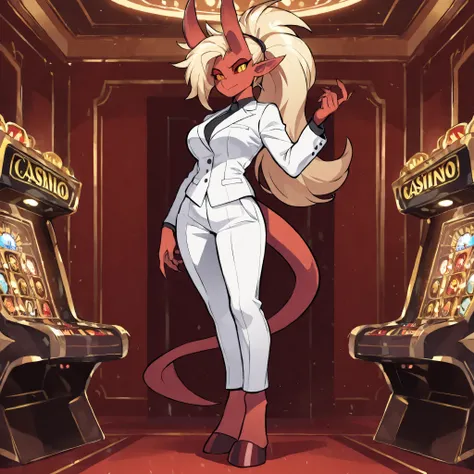 (solo:5.5), anime style, anime shading, clean lines, masterpiece, best quality, full body picture, centered, 1girl, tall, anthro demon, long blonde hair, ponytail hairstyle, female demon, long horns, demon, demon horns, hand claws, no tail, red sclera, yel...