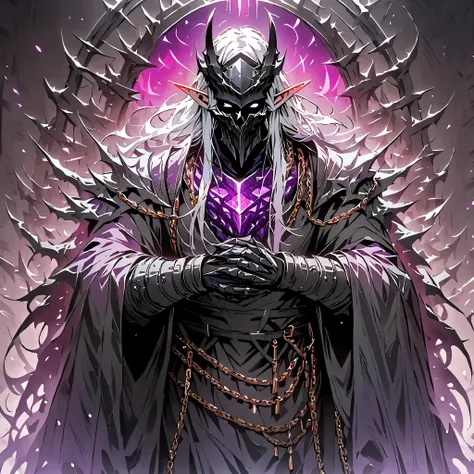 master masterpiece, 4k, highly detailed, 1boy, male, solo male, reaper, elf, pointy ears, gold mask, horn mask, purple magic, white hair, long hair, flail, chain flail, flail in hands, Mordekaiser, score_9 , score_8_up , score_7_up , score_6_up