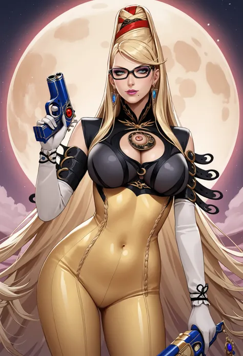 PonyXLV6_Scores,source_anime,masterpiece,best quality, highly detailed,cinematic,unity 8k wallpaper, amazing quality, masterpiece, best quality, UHD, perfect anatomy,BREAK
cereza,1girl, bayonetta, solo, mole under mouth, glasses, mole, weapon, gun, blond...