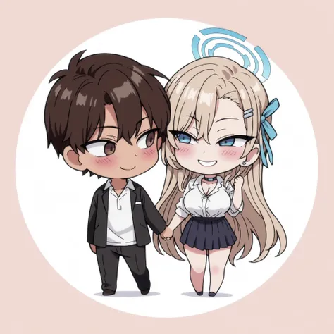 1 boy and 1 girl, 1 boy, straight, brown eyes, couple, dark haired boy, wavy brown hair, 1 girl, Asuna ( Bluer Archive ), A girl, solo, blonde hair, short hair, braided hair, blue eyes, hairl clip, cute, holding hands, happy, blushing, high quality, master...