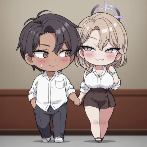 1 boy and 1 girl, 1 boy, straight, brown eyes, couple, dark haired boy, wavy brown hair, 1 girl, Karin ( Bluer Archive ), A girl, solo, Black hair, short hair, braided hair, Yellow eyes, hairl clip, cute, holding hands, happy, blushing, high quality, maste...