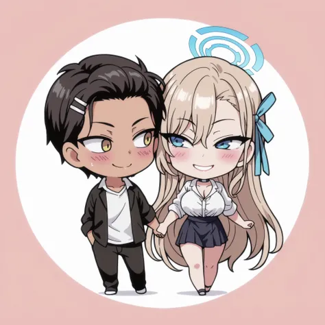 1 boy and 1 girl, 1 boy, straight, yellow eyes, couple, dark haired boy, black hair, 1 girl, Asuna ( Bluer Archive ), A girl, solo, blonde hair, short hair, braided hair, blue eyes, hairl clip, cute, holding hands, happy, blushing, high quality, masterpiec...