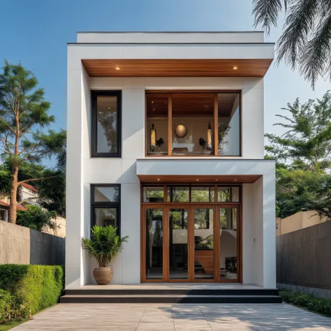 Modern house standing with wooden awning and gently oscillating surrounding trees, Wide angle camera zooms in close, realistic style with bright daylight.
