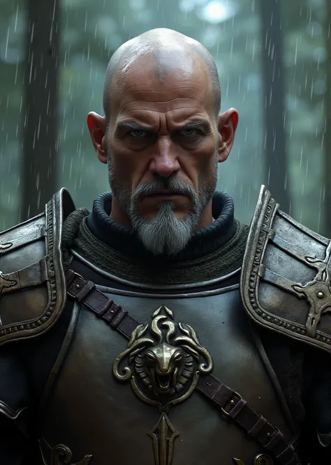 please, draw for me a handsome bald 55 years old warrior, nordic, detailed facial features, muscular neck and shoulders, angry expression, grey goatee, wearing light leather armor, ornated chestplate, in a rainy forest setting, (best quality,8k,highres,mas...