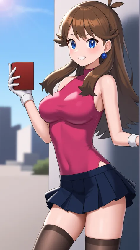 ((best quality)), ((masterpiece)), ((details)), 1girl, two legs, two arms, orange brown hair color, long hair, blue eyes, Big Breasts, tall, slim figure, anime coloring book, mean face, teeth, pose with one hand on the lower back, pink sleeveless shirt, M...