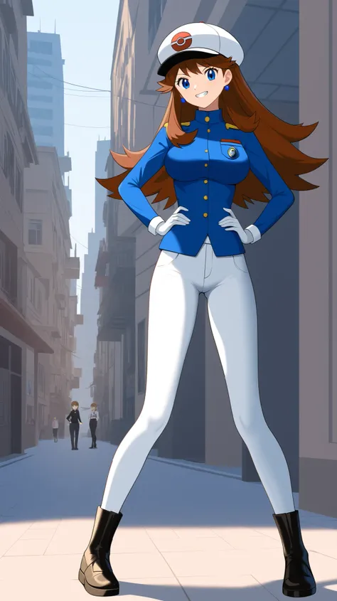 ((best quality)), ((masterpiece)), ((details)), 1girl, two legs, two arms, orange brown hair color, long hair, blue eyes, Big Breasts, tall, slim figure, anime coloring book, mean face, teeth, pose where you put your hands on your hips, white long sleeve ...