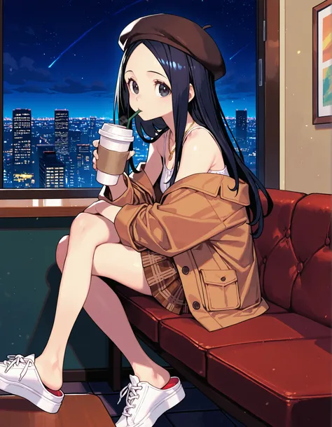 white sneakermules,shoelaces, masterpiece, best quality, offical art, very aesthetics of fine arts, (hungry clicker:0.8),(enkyo yuuichirou:0.8), 1girl, looking at viewer, from side,shoe dangle, shoelaces, long hair, sitting on chair,holding disposable cup,...