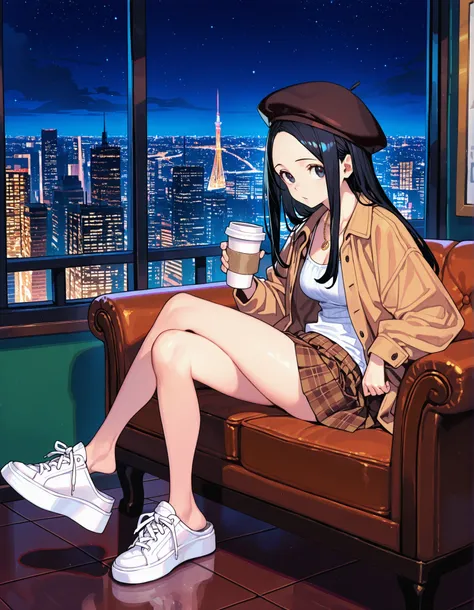 white sneakermules,shoelaces, masterpiece, best quality, offical art, very aesthetics of fine arts, (hungry clicker:0.8),(enkyo yuuichirou:0.8), 1girl, looking at viewer, from side,shoe dangle, shoelaces, long hair, sitting on chair,holding disposable cup,...