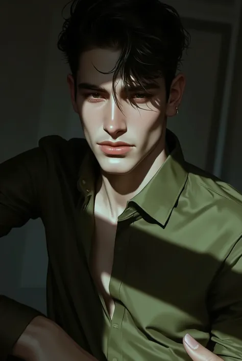 Realistic digital painting

Portrait of a young man

Moody, contemplative expression

Soft, natural lighting

Dark, messy hairstyle

Olive-green long-sleeved shirt

Handsome, elegant male character

Pale skin, subtle glow

Dark aesthetic, melancholic atmos...