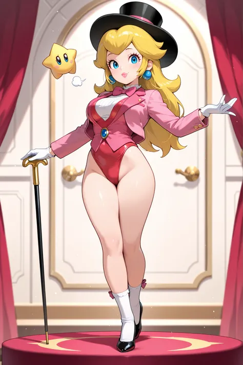 masterpiece, amazing quality, best quality, princess peach, 1girl, solo, smile, , scrunchie, blue eyes, blonde hair, hair down, breasts, tap dancing cute, wearing a pink sparkling tuxedo jacket, white undershirt, pink vest, pink bow tie, red short leotard ...