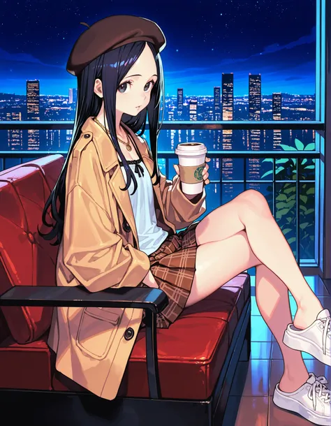 white sneakermules,shoelaces, masterpiece, best quality, offical art, very aesthetics of fine arts, (hungry clicker:0.8),(enkyo yuuichirou:0.8), 1girl, looking at viewer, from side,shoe dangle, shoelaces, long hair, sitting on chair,holding disposable cup,...