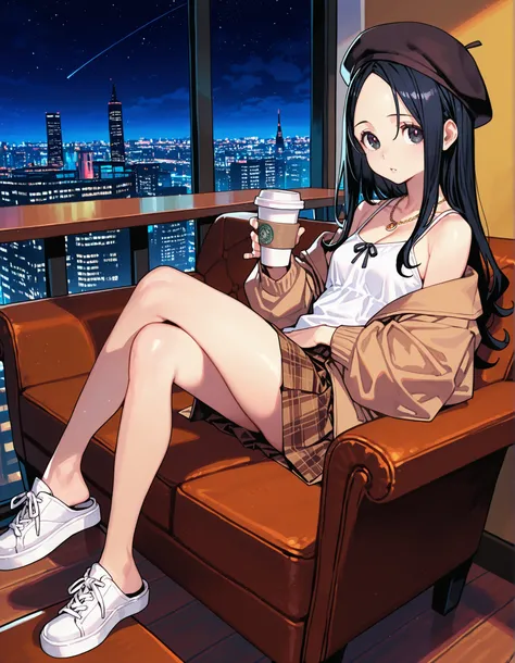 white sneakermules,shoelaces, masterpiece, best quality, offical art, very aesthetics of fine arts, (hungry clicker:0.8),(enkyo yuuichirou:0.8), 1girl, looking at viewer, from side,shoe dangle, shoelaces, long hair, sitting on chair,holding disposable cup,...