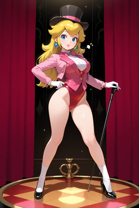 masterpiece, amazing quality, best quality, princess peach, 1girl, solo, smile, , scrunchie, blue eyes, blonde hair, hair down, breasts, tap dancing cute, wearing a pink sparkling tuxedo jacket, white undershirt, pink vest, pink bow tie, red short leotard ...