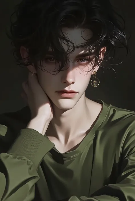 Realistic digital painting
Portrait of a young man
Moody, contemplative expression
Soft, natural lighting
Dark, messy hairstyle
Olive-green long-sleeved shirt
Handsome, elegant male character
Pale skin, subtle glow
Dark aesthetic, melancholic atmos...