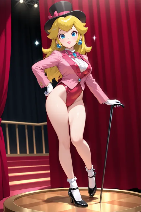 masterpiece, amazing quality, best quality, princess peach, 1girl, solo, smile, , scrunchie, blue eyes, blonde hair, hair down, breasts, tap dancing cute, wearing a pink sparkling tuxedo jacket, white undershirt, pink vest, pink bow tie, red short leotard ...