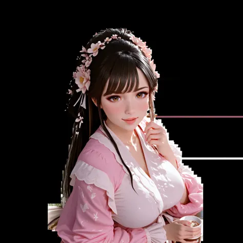 Front view of a woman，Extra large cup， are perfectly detailed，has exquisite facial features， Clothes are exquisite ， Game Character Design ，3D Rendering