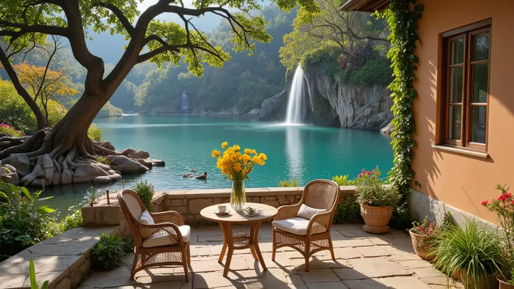A peaceful and refreshing morning scene on a countryside terrace by a crystal-clear turquoise lake. On the right, a rustic clay-orange house is partially covered with lush green climbing vines, featuring wooden framed windows that softly reflect the warm m...