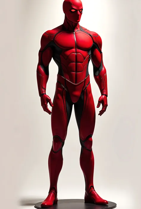 Create a detailed concept art illustration of a male superhero suit characterized by a striking red color scheme. The suit should be displayed on a mannequin in a dynamic pose to emphasize its sleek design. Incorporate glowing red lenses that give a futuri...