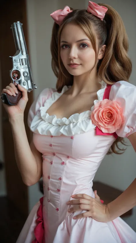 Score 9, Score 8, Score 7, Charlotte Pudding, female, in hyperrealistic anime style. One eye subtly hidden on the forehead, three eyes, one eye on the forehead, white and pink dress with short puffed sleeves and a scalloped neckline, and a pink bow at the ...