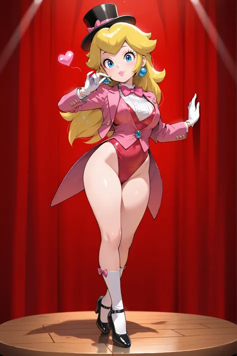 masterpiece, amazing quality, best quality, princess peach, 1girl, solo, smile, , scrunchie, blue eyes, blonde hair, hair down, breasts, tap dancing cute, wearing a pink sparkling tuxedo jacket, white undershirt, pink vest, pink bow tie, red short leotard ...