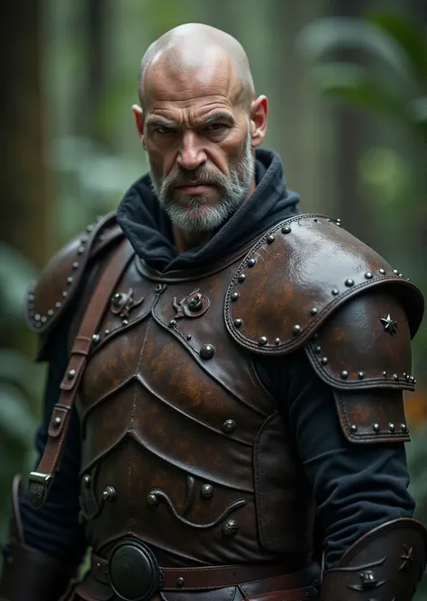 por favor, draw for me a 55-year-old bald warrior, Nordic, detailed facial features, muscular neck and shoulders, angry expression, gray hair, wearing light leather armor, ornate breastplate, in a rainforest setting, (Best Quality,8k,high resolution,obra-p...