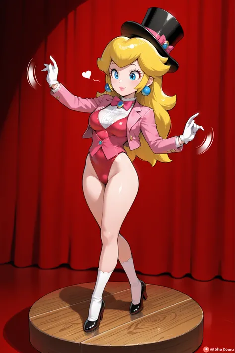 masterpiece, amazing quality, best quality, princess peach, 1girl, solo, smile, , scrunchie, blue eyes, blonde hair, hair down, breasts, tap dancing cute, wearing a pink sparkling tuxedo jacket, white undershirt, pink vest, pink bow tie, red short leotard ...