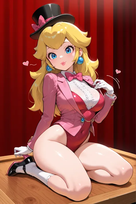 masterpiece, amazing quality, best quality, princess peach, 1girl, solo, smile, , scrunchie, blue eyes, blonde hair, hair down, breasts, tap dancing cute, wearing a pink sparkling tuxedo jacket, white undershirt, pink vest, pink bow tie, red short leotard ...