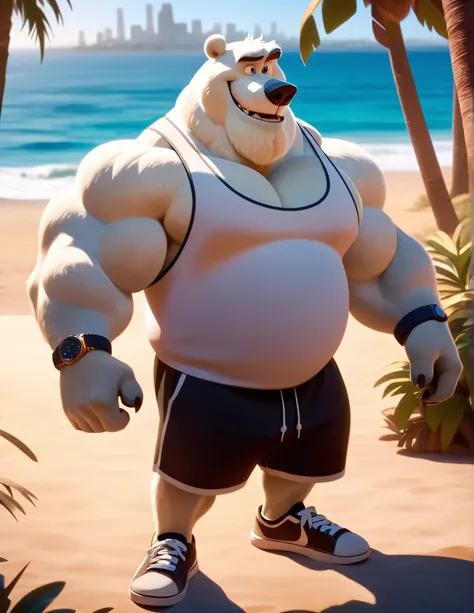 huge muscular polar bear in Los Angeles Beach, big smirk, polar bear, huge white fur, thick arm, huge arm, bearded. white hair and beard, bearded, (muscular, pectoral, wide pectoral, thick arms), beach, palm, Disney, art by Walt Disney, 8k, masterpiece, ad...