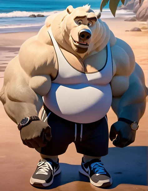 huge muscular polar bear in Los Angeles Beach, big smirk, polar bear, huge white fur, thick arm, huge arm, bearded. white hair and beard, bearded, (muscular, pectoral, wide pectoral, thick arms), beach, palm, Disney, art by Walt Disney, 8k, masterpiece, ad...