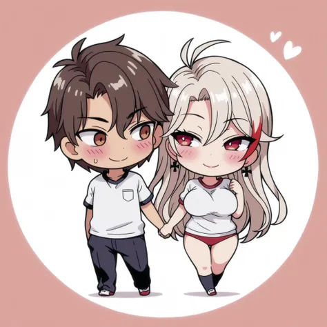 1 boy and 1 girl, 1 boy, straight, couple, dark haired boy, brown eyes, wavy brown hair, 1 girl, Prinz Eugen ( azur Lane ), A girl, solo, whie hair, short hair, braided hair, red eyes, hairl clip, cute, holding hands, happy, blushing, high quality, masterp...