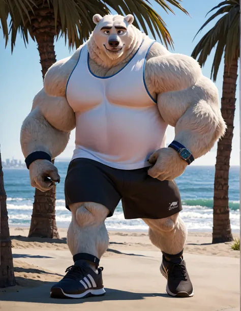 huge muscular polar bear in Los Angeles Beach, big smirk, polar bear, huge white fur, thick arm, huge arm, bearded. white hair and beard, bearded, (muscular, pectoral, wide pectoral, thick arms), Zootopia, palm, realistic, 8k, masterpiece, added grayish ey...